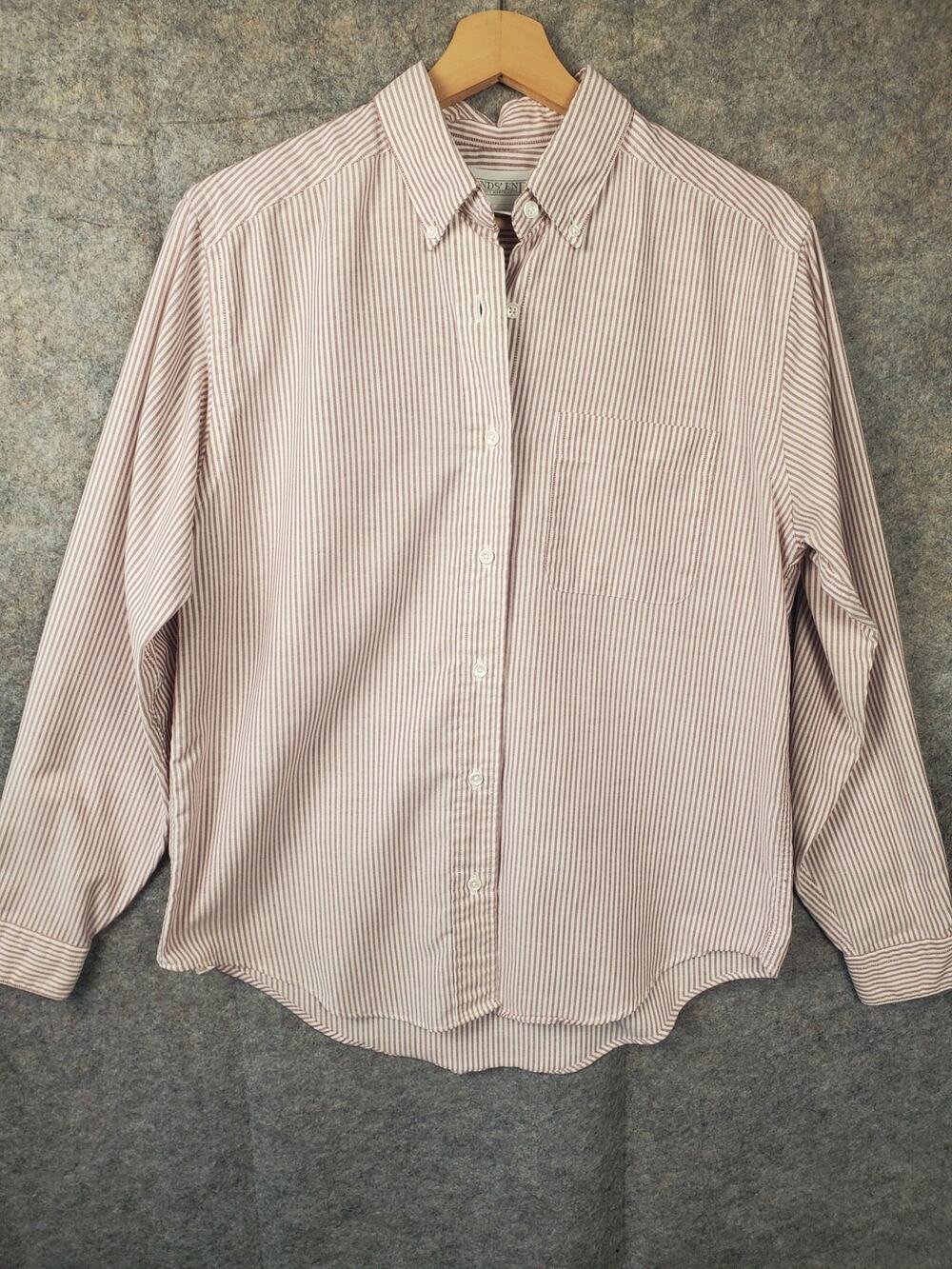 Women's Lands' End 10 Red & White Stripe Long Sleeve Button Down Shirt